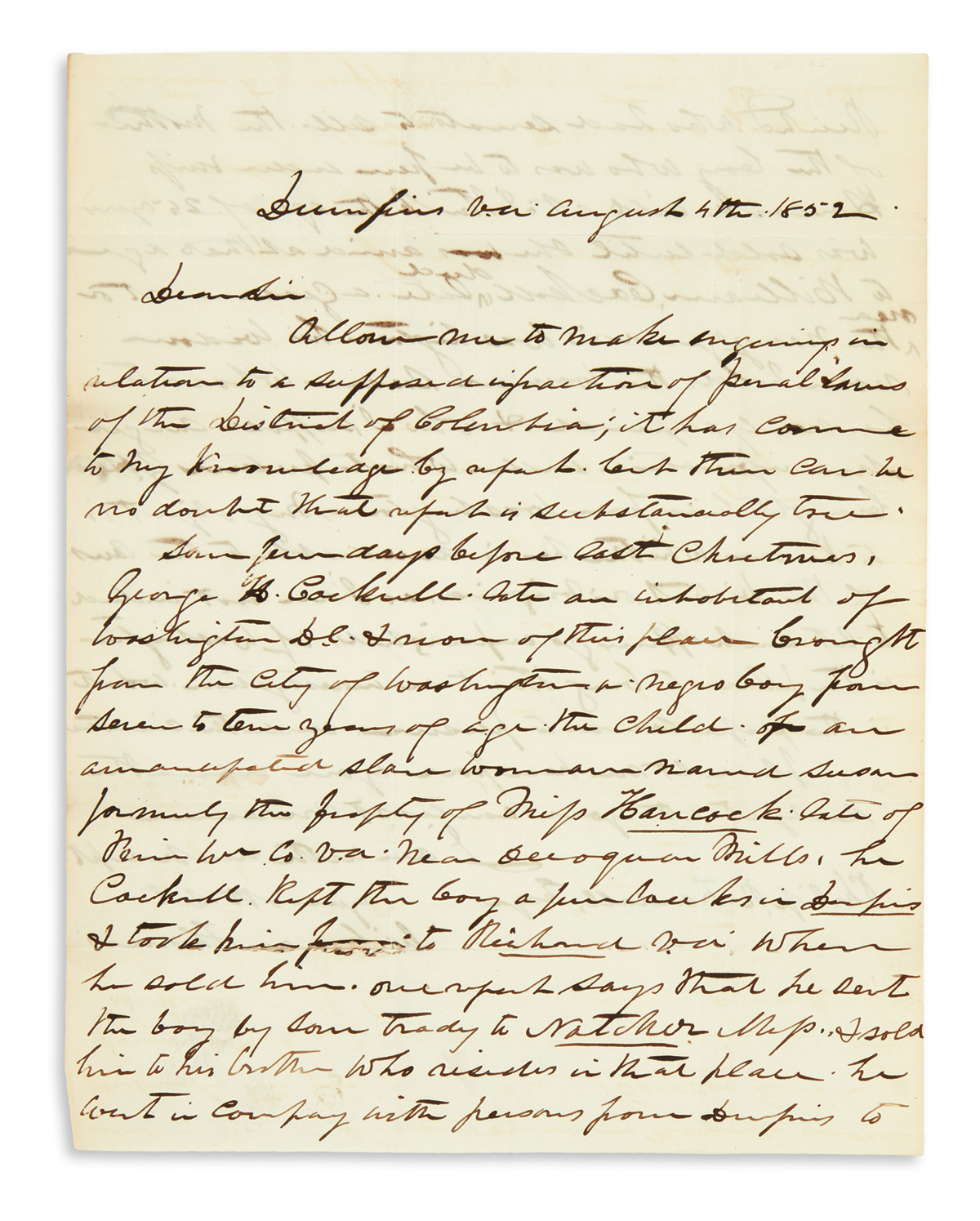 (SLAVERY AND ABOLITION.) Thomas, William. Letter on the abduction and sale of a free African American boy from the District of Columbia